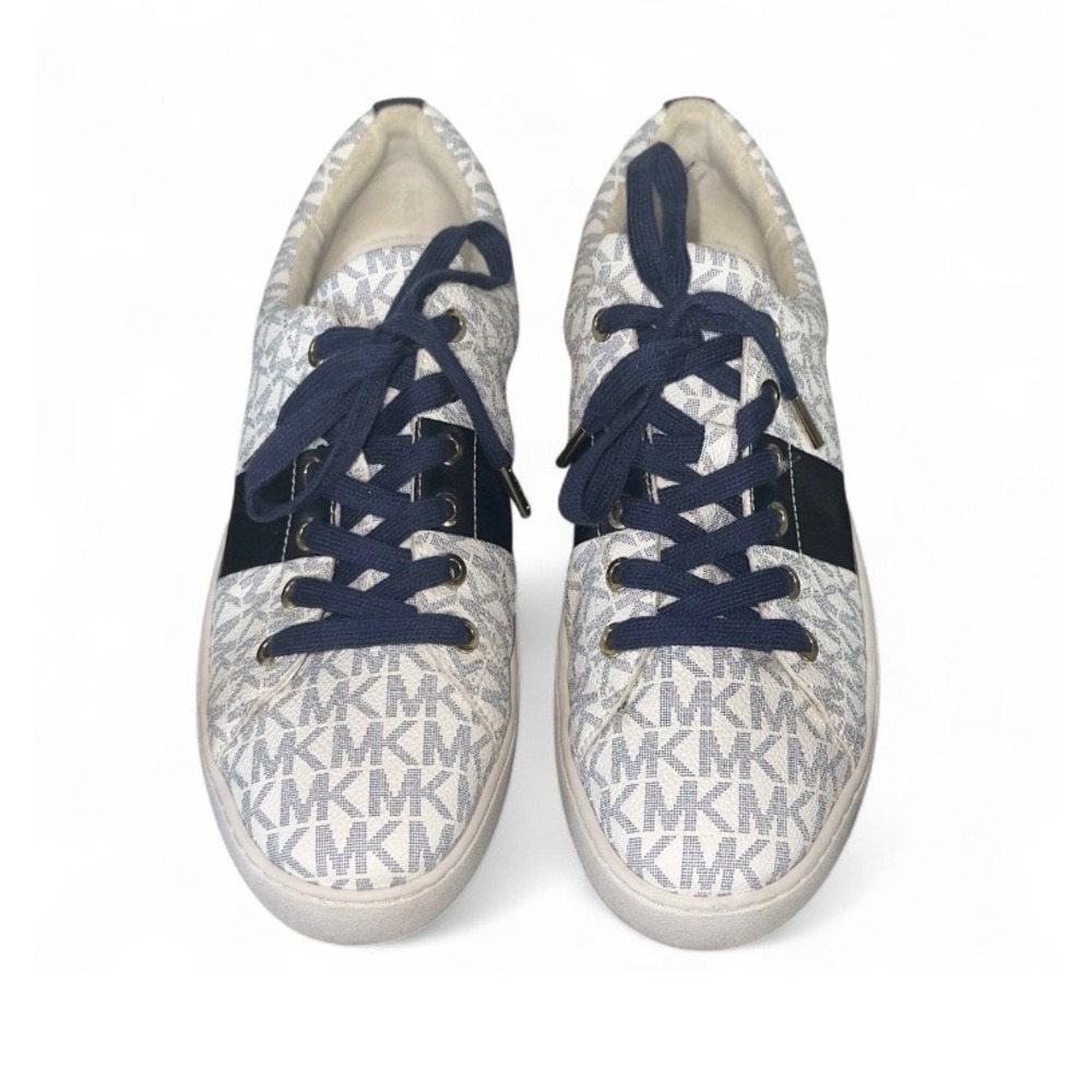 Michael‎ Kors Women's MK Signature Logo Low Top Sneakers White Navy Size 9.5